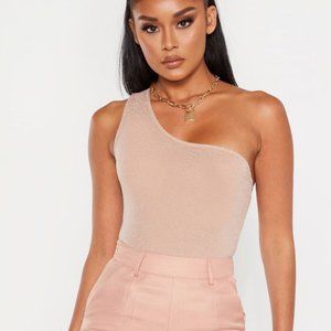 Nude Textured Glitter One Shoulder Bodysuit